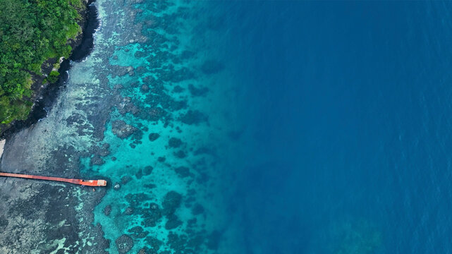 Aerial view of abstract island with crystal clear water and tropical greenery, Fiji.