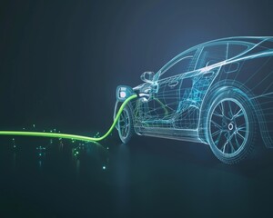 Electric car wireframe with green cables, neon lights, modern design on black background