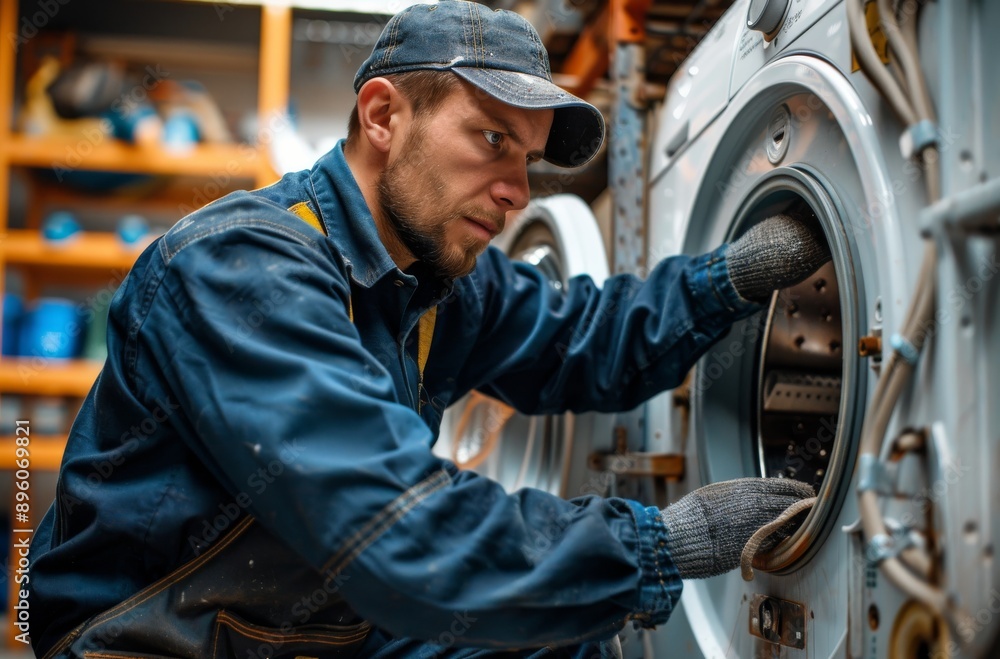 Wall mural electrician in blue uniform repairing an industrial washing machine in a workshop setting