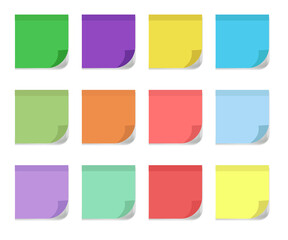 Set different colored sheets of note paper. Blank post for message, to do list, memory. Sticky colored notes. Post note paper with curled corners and shadows. Vector illustration