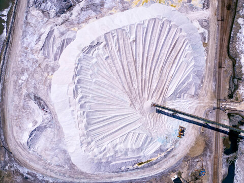 Aerial view of salt piles and machinery in Ogden, Utah, United States.