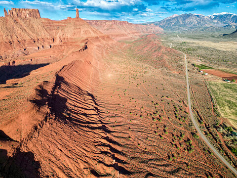Aerial view of rock formations in Castleton and Mother Superior rock, Moab, Utah, United States.