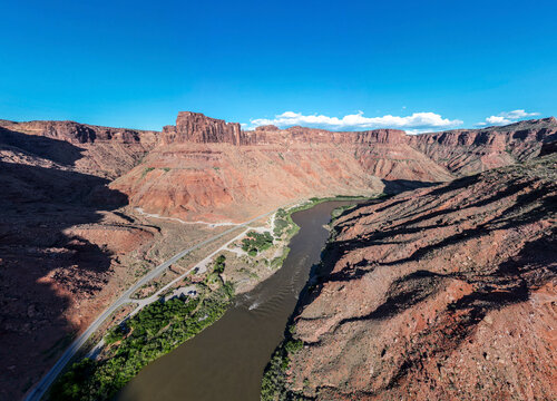 Aerial view of Castleton and Mother Superior rock, Moab, Utah, United States.