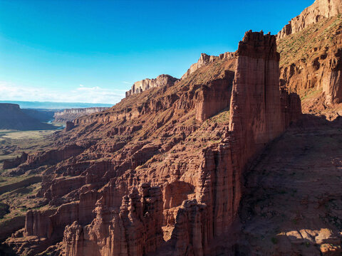 Aerial view of majestic rock formations in Castleton, Mother Superior rock, Moab, Utah, United States.