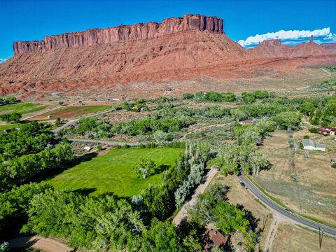 Aerial view of Castleton and Mother Superior rock, Castle Valley, Utah, United States.