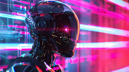 Side view of a humanoid head with pink eyes and vibrant neon neural network, representing futuristic technology and artificial intelligence.