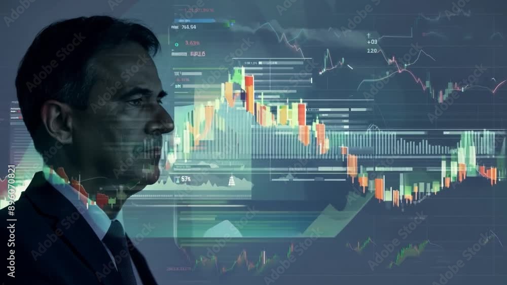 Aufkleber a man in a suit looks intently at financial charts and graphs, which are overlaid on a screen displa
