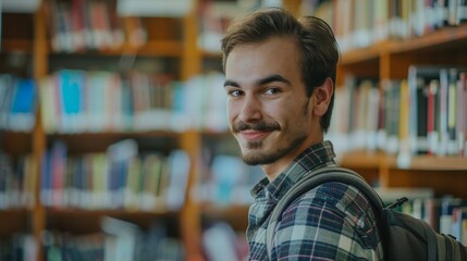 Fototapeta premium Handsome Smile student man with backpack and books in library, education, university, cheerful, college, happy, standing, school, backpack, attractive, enjoyment, confidence
