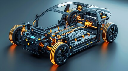 Fototapeta premium Cutaway view of an electric car chassis, showcasing the intricate wiring and components.