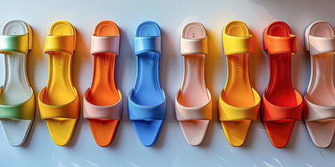 A row of colorful sandals with a white stripe