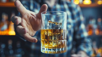 man refuses say no and avoid to drink an alcohol whiskey , stopping hand sign male, alcoholism treatment, alcohol addiction, quit booze, Stop Drinking Alcohol. Refuse Glass liquor, unhealthy, reject