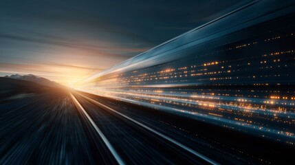 Obraz premium A futuristic highway with glowing lights streaks across a dark sky, illuminated by a distant sunset.