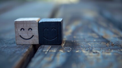 Mental health and emotional state, Smile face in bright side and sad face in dark side on wooden block cube for positive mindset selection, expression, mask, bipolar, generate by AI