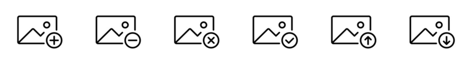 Add image icon set. Add picture symbol. Gallery edit icons collection. Album image edit symbol. Vector