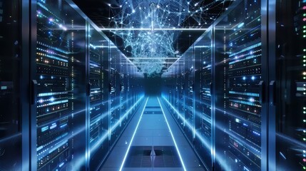 Shot of Corridor in Working Data Center Full of Rack Servers and Supercomputers with Internet connection Visualization Projection, technology, digital, futuristic, future,