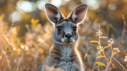 Fototapeta premium Close-Up Portrait of a Curious Kangaroo in Natural Habitat with Soft Golden Light and Autumn Foliage