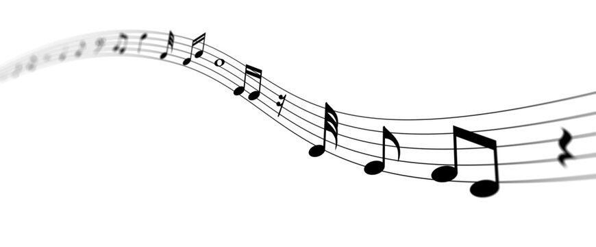 Musical note treble clef floating and flowing on staff line, abstract key tone on music sheet design, swirl tune score, classical creativity melody play transparent background