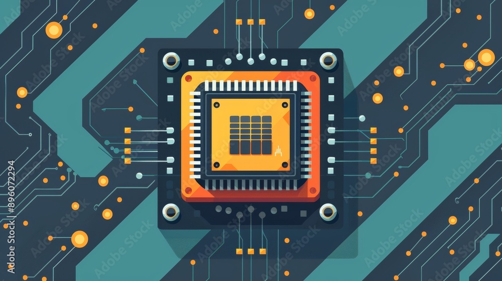 Poster a stylized illustration of a computer processor on a circuit board