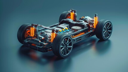 A detailed cutaway illustration of an electric car chassis with visible battery packs and suspension.