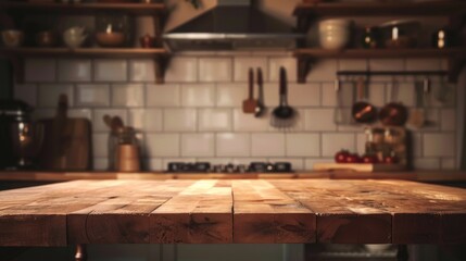 Wooden platform in a kitchen background, perfect for culinary presentations and food product displays