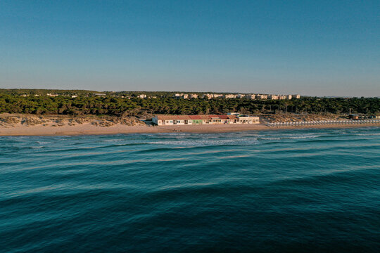Aerial view of tranquil beach and Mediterranean Sea, Elche, Spain.