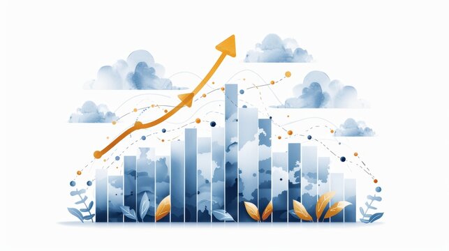 Abstract illustration of an upward trend line with blue bar graph and gold arrow symbolizing growth, success, and positive change.