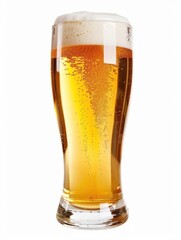 Golden beer in a tall glass with foamy head and bubbles.