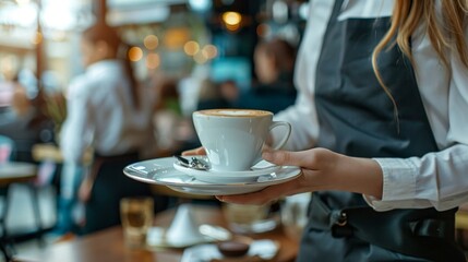 Waitress serving steaming hot coffee to a customer on an elegant tray in a cozy cafe setting