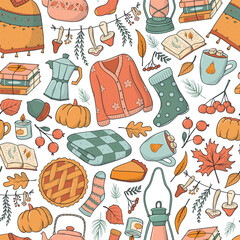 Autumn seamless pattern with doodles, decorative elements for wallpaper, scrapbooking, digital paper, wrapping paper, backgrounds, textile prints, etc. EPS 10