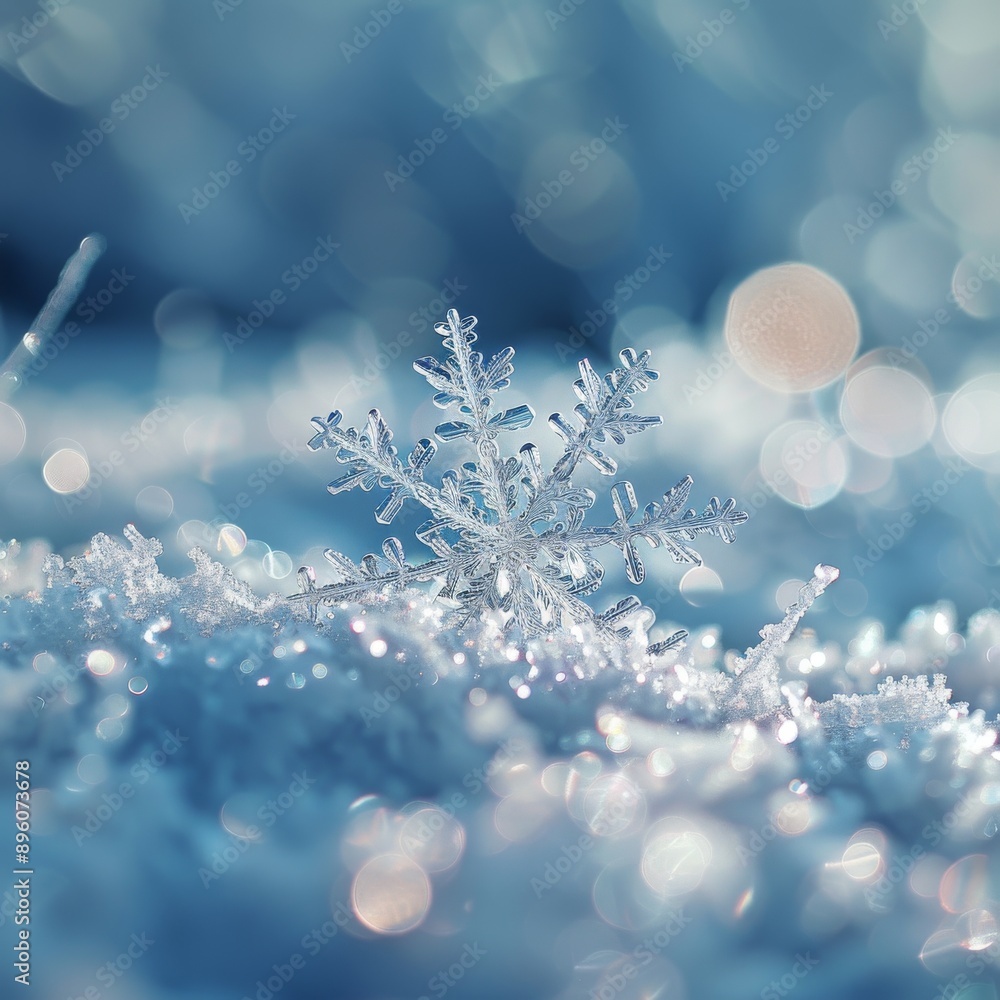 Poster Beautiful snowflake on a snow background with soft focus and bokeh lights