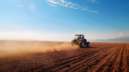 Fototapeta premium A tractor plows a vast expanse of farmland, creating dust trails under a clear, blue sky with distant hills.