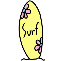 Hand drawn surfboard for spring, summer break, leisure, activity, hobby, beach vibe, sea, sand, sun, ocean, diving, family trip, travel, vacation, cute patches, shirt print, brooch, sticker, floral