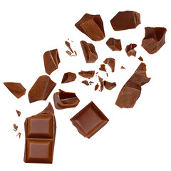  Levitating milk chocolate pieces isolated on white background. Flying Broken Chocolate chunks. Chocolate explosion.