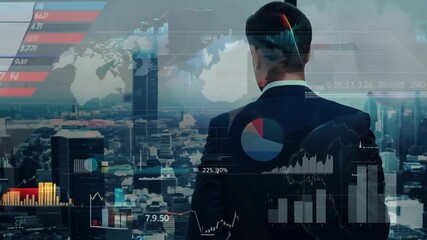 A businessman in a suit stands in front of a window with a cityscape view. A double exposure effect shows a world map overlaid on the city and the man's back. - Powered by Adobe