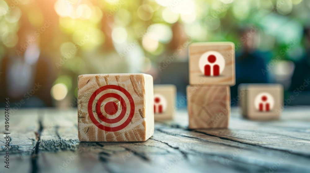 Poster customer centric crm wooden block target with human icons for data exchange and service development