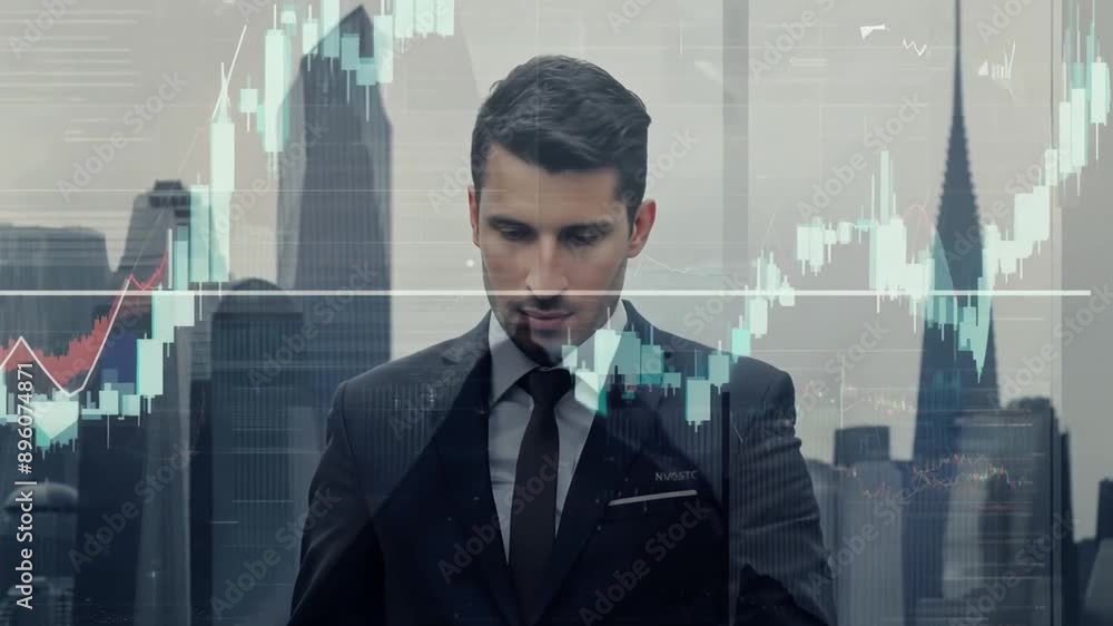 Poster a man in a suit is standing in front of a window, looking at a computer screen displaying stock mark