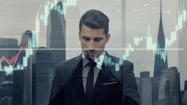 A man in a suit is standing in front of a window, looking at a computer screen displaying stock market data overlaid on a city skyline.