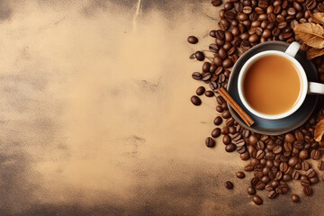Naklejka premium Coffee background with copy space, brown color beans and a cup of hot black coffee in vintage style