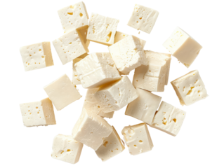 Top view of multiple cubes of fresh white feta cheese on a white background, perfect for culinary and food-related projects.