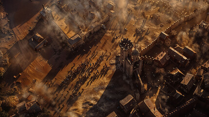 aerial view of an ancient medieval walled city with castle and battlements besieged and attacked by an army. recreation of an epic historical battle with warriors and soldiers