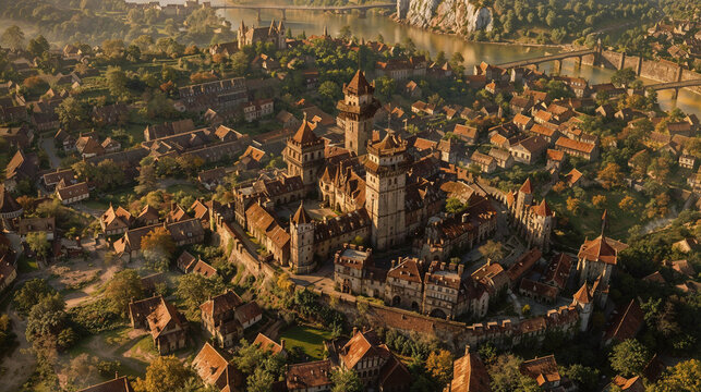 medieval walled city or town with castle, forest, houses and villages around. Aerial view of the landscape for the background of a medieval history wallpaper - Powered by Adobe