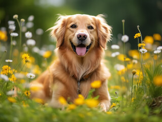 Portrait of golden retriever dog in wild flowers landscape