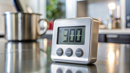 Close-up of a kitchen timer with the display showing 300 seconds.