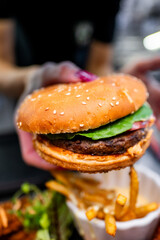 Close-up of a juicy hamburger with lettuce, tomato, and cheese, served with a side of fries.