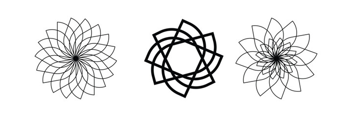 Pattern of overlapping arcs and circles, white line icons set vector illustration. Abstract rings intersect in creative geometric minimal texture, circular geometry subtle elements and frames overlap 