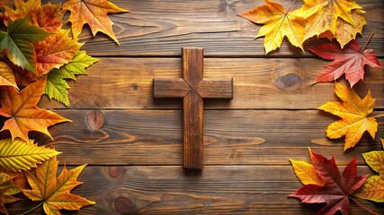 Obraz premium Wooden Cross with Autumn Leaves on Rustic Background.