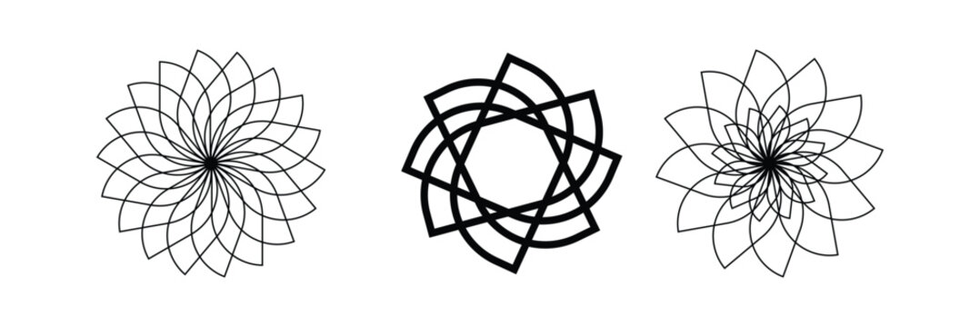 Pattern of overlapping arcs and circles, white line icons set vector illustration. Abstract rings intersect in creative geometric minimal texture, circular geometry subtle elements and frames overlap 