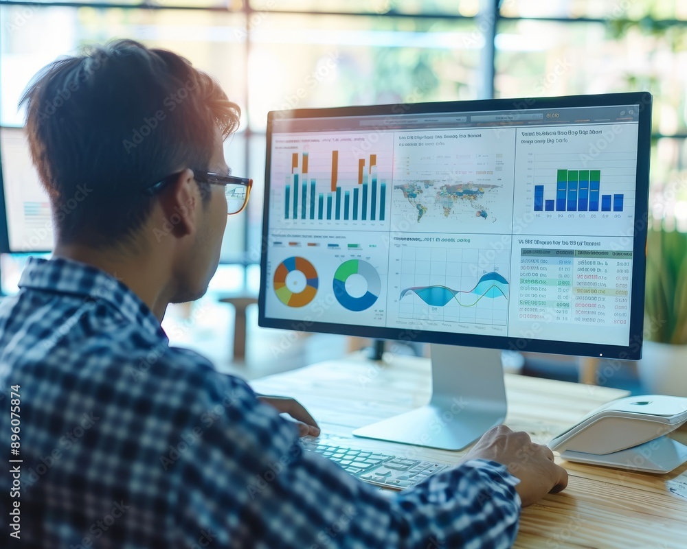 Poster businessman analyzing data on dashboard for strategic decision making and performance management