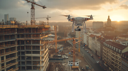 Fototapeta premium Drone Inspecting Construction Site with Buildings and Cranes in the Background