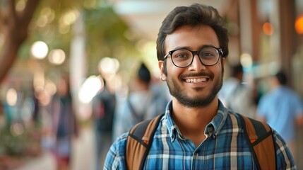 Fototapeta premium A handsome young Indian student is smiling while standing in the hall of his university